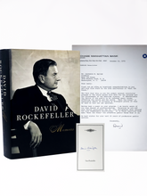 Load image into Gallery viewer, A first edition of Memoirs and a Chase Bank document both signed by David Rockefeller